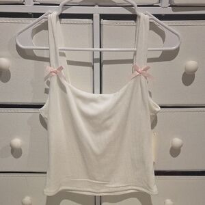 Cream Ribbed Tank Top with Pink Bow Straps - Women